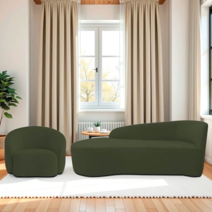 Kit Divã Recamier Orgânico França 140cm Lado Esquerdo e Poltrona Amore Linho Verde