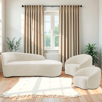 Kit Divã Recamier Orgânico França 160cm Lado Direito e 2 Poltronas Amore Bouclé Bege