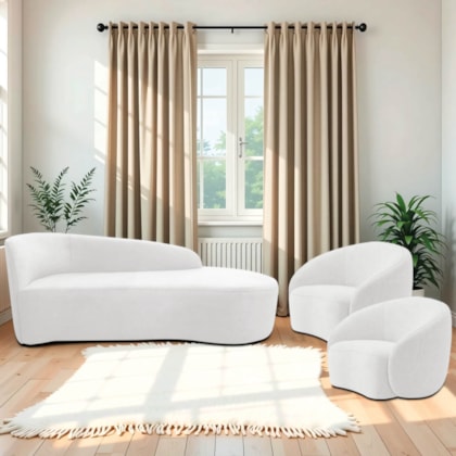 Kit Divã Recamier Orgânico França 160cm Lado Direito e 2 Poltronas Amore Bouclé Branco