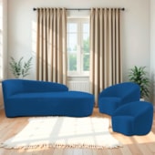 Kit Divã Recamier Orgânico França 160cm Lado Direito e 2 Poltronas Amore Linho Azul Royal