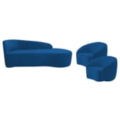 Kit Divã Recamier Orgânico França 160cm Lado Direito e 2 Poltronas Amore Linho Azul Royal