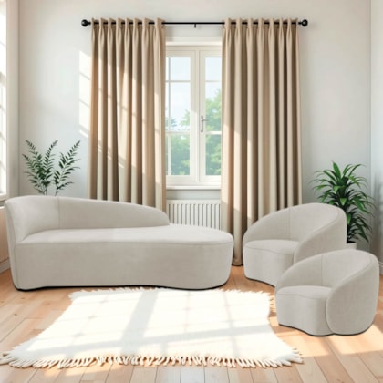 Kit Divã Recamier Orgânico França 160cm Lado Direito e 2 Poltronas Amore Linho Bege