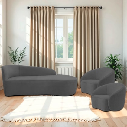 Kit Divã Recamier Orgânico França 160cm Lado Direito e 2 Poltronas Amore Linho Cinza Escuro