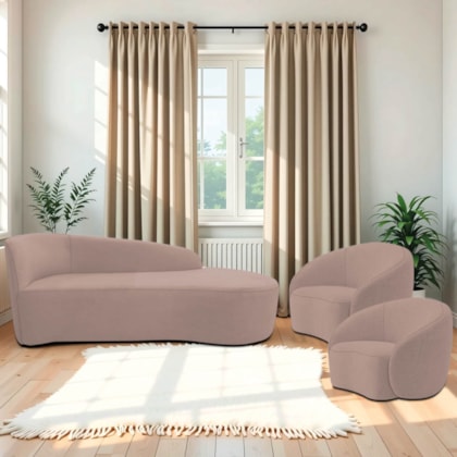 Kit Divã Recamier Orgânico França 160cm Lado Direito e 2 Poltronas Amore Linho Rosê