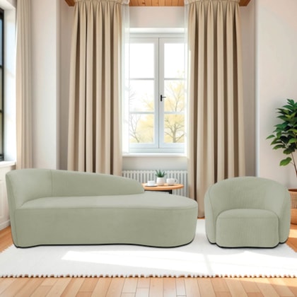 Kit Divã Recamier Orgânico França 160cm Lado Direito e Poltrona Amore Bouclé Verde Oliva