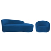 Kit Divã Recamier Orgânico França 160cm Lado Direito e Poltrona Amore Linho Azul Royal