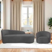 Kit Divã Recamier Orgânico França 160cm Lado Direito e Poltrona Amore Linho Cinza Escuro