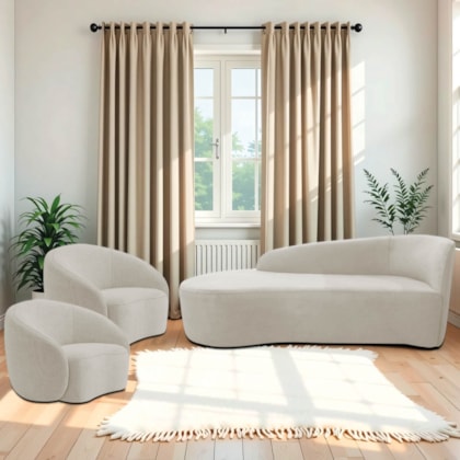 Kit Divã Recamier Orgânico França 160cm Lado Esquerdo e 2 Poltronas Amore Linho Bege