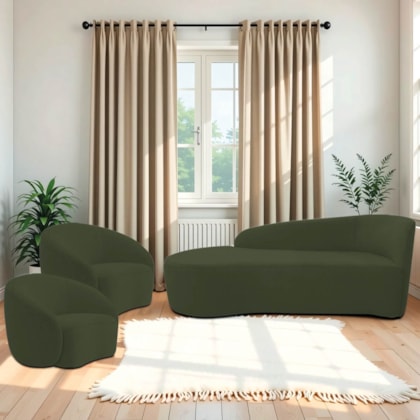 Kit Divã Recamier Orgânico França 160cm Lado Esquerdo e 2 Poltronas Amore Linho Verde