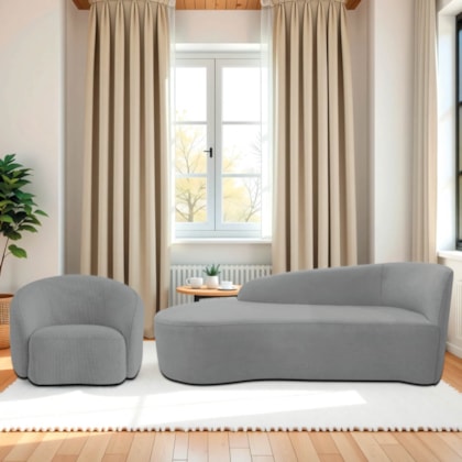 Kit Divã Recamier Orgânico França 160cm Lado Esquerdo e Poltrona Amore Bouclé Cinza