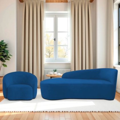 Kit Divã Recamier Orgânico França 160cm Lado Esquerdo e Poltrona Amore Linho Azul Royal