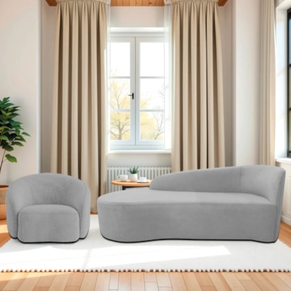 Kit Divã Recamier Orgânico França 160cm Lado Esquerdo e Poltrona Amore Linho Cinza Claro
