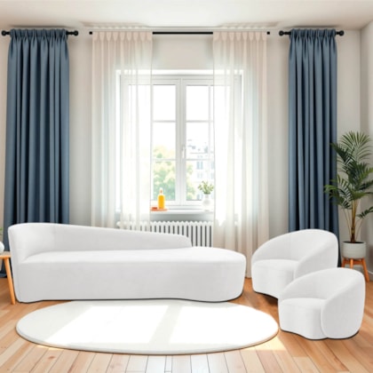 Kit Divã Recamier Orgânico França 180cm Lado Direito e 2 Poltronas Amore Bouclé Branco