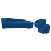 Kit Divã Recamier Orgânico França 180cm Lado Direito e 2 Poltronas Amore Linho Azul Royal