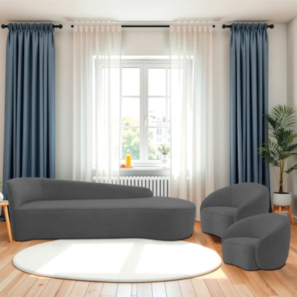 Kit Divã Recamier Orgânico França 180cm Lado Direito e 2 Poltronas Amore Linho Cinza Escuro