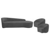 Kit Divã Recamier Orgânico França 180cm Lado Direito e 2 Poltronas Amore Linho Cinza Escuro