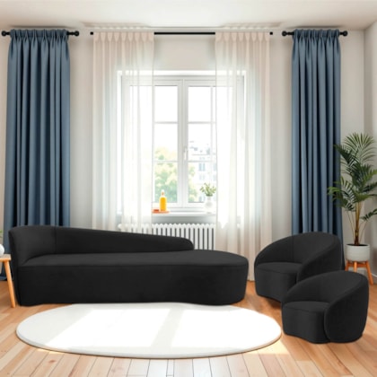 Kit Divã Recamier Orgânico França 180cm Lado Direito e 2 Poltronas Amore Linho Preto