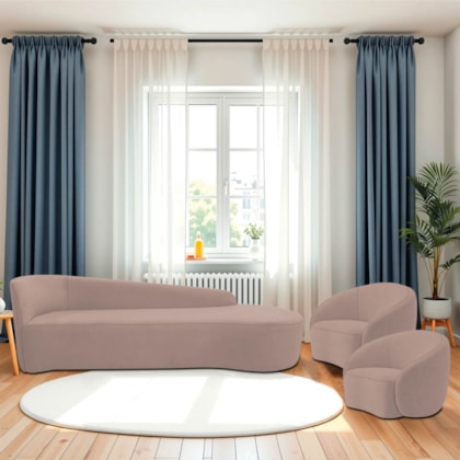 Kit Divã Recamier Orgânico França 180cm Lado Direito e 2 Poltronas Amore Linho Rosê
