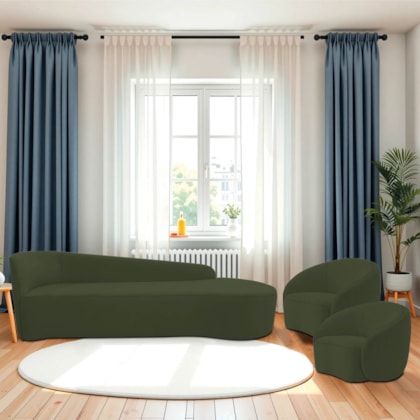 Kit Divã Recamier Orgânico França 180cm Lado Direito e 2 Poltronas Amore Linho Verde