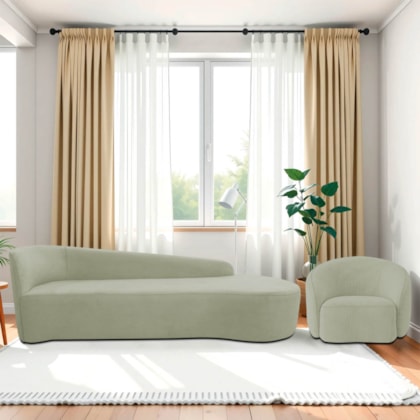 Kit Divã Recamier Orgânico França 180cm Lado Direito e Poltrona Amore Bouclé Verde Oliva