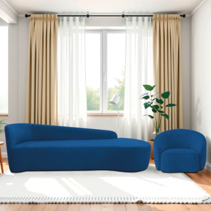 Kit Divã Recamier Orgânico França 180cm Lado Direito e Poltrona Amore Linho Azul Royal