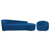 Kit Divã Recamier Orgânico França 180cm Lado Direito e Poltrona Amore Linho Azul Royal