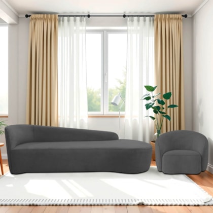 Kit Divã Recamier Orgânico França 180cm Lado Direito e Poltrona Amore Linho Cinza Escuro