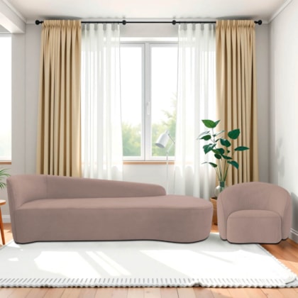 Kit Divã Recamier Orgânico França 180cm Lado Direito e Poltrona Amore Linho Rosê