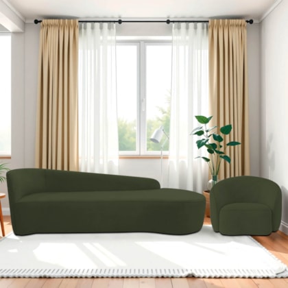 Kit Divã Recamier Orgânico França 180cm Lado Direito e Poltrona Amore Linho Verde