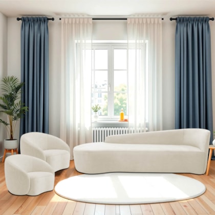 Kit Divã Recamier Orgânico França 180cm Lado Esquerdo e 2 Poltronas Amore Bouclé Bege