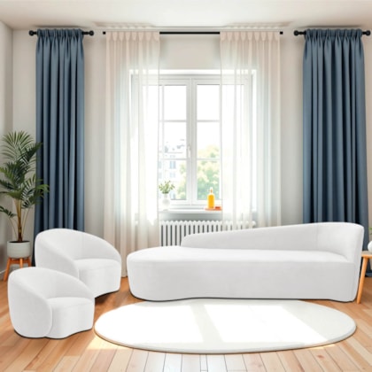 Kit Divã Recamier Orgânico França 180cm Lado Esquerdo e 2 Poltronas Amore Bouclé Branco