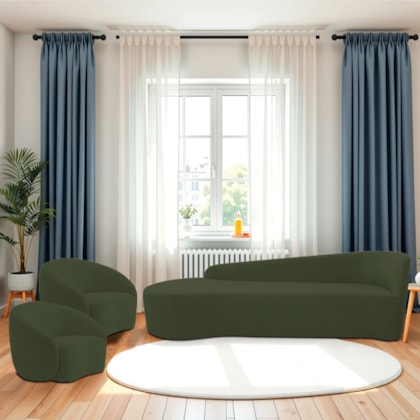 Kit Divã Recamier Orgânico França 180cm Lado Esquerdo e 2 Poltronas Amore Linho Verde