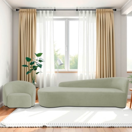Kit Divã Recamier Orgânico França 180cm Lado Esquerdo e Poltrona Amore Bouclé Verde Oliva