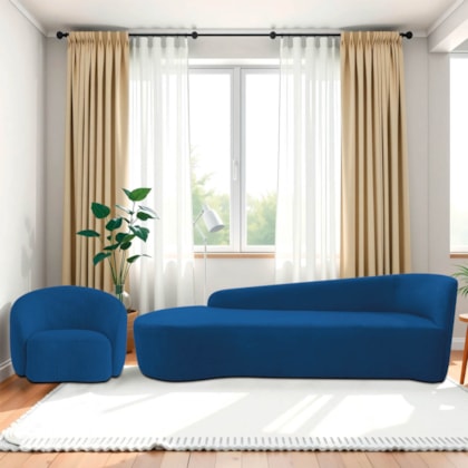 Kit Divã Recamier Orgânico França 180cm Lado Esquerdo e Poltrona Amore Linho Azul Royal