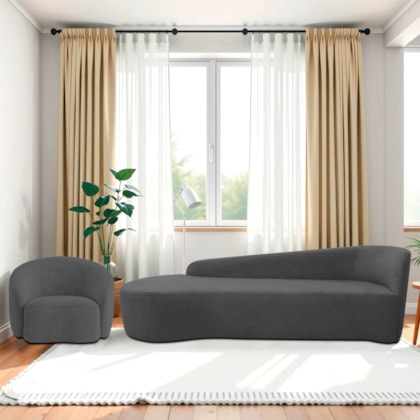 Kit Divã Recamier Orgânico França 180cm Lado Esquerdo e Poltrona Amore Linho Cinza Escuro