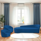Kit Divã Recamier Orgânico França 200cm Lado Esquerdo e 2 Poltronas Amore Linho Azul Royal