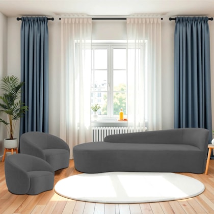 Kit Divã Recamier Orgânico França 200cm Lado Esquerdo e 2 Poltronas Amore Linho Cinza Escuro