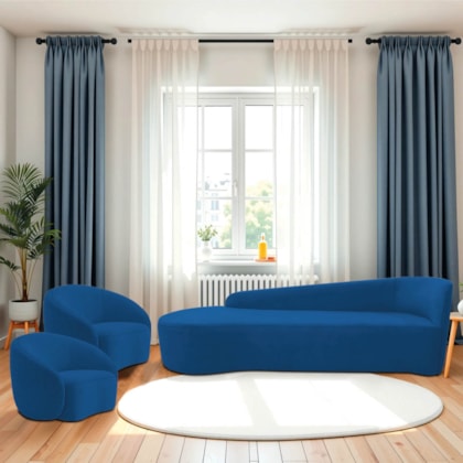 Kit Divã Recamier Orgânico França 220cm Lado Esquerdo e 2 Poltronas Amore Linho Azul Royal