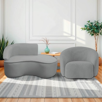 Kit Divã Recamier Orgânico Marrocos 150cm Lado Direito e 1 Poltronas Amore Bouclé Cinza
