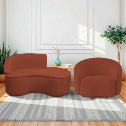 Kit Divã Recamier Orgânico Marrocos 150cm Lado Direito e 1 Poltronas Amore Bouclé Terracota