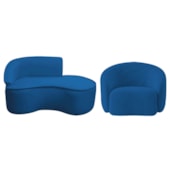 Kit Divã Recamier Orgânico Marrocos 150cm Lado Direito e 1 Poltronas Amore Linho Azul Royal