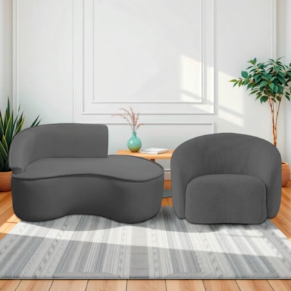Kit Divã Recamier Orgânico Marrocos 150cm Lado Direito e 1 Poltronas Amore Linho Cinza Escuro