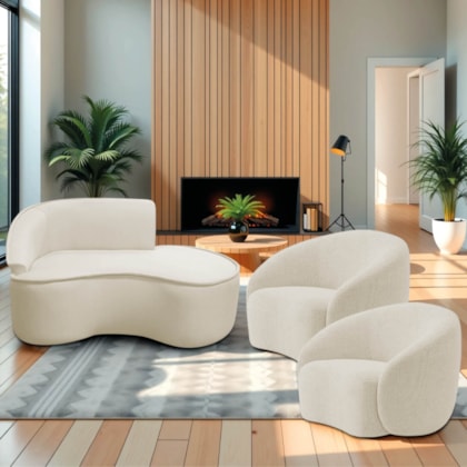 Kit Divã Recamier Orgânico Marrocos 150cm Lado Direito e 2 Poltronas Amore Bouclé Bege
