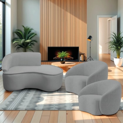 Kit Divã Recamier Orgânico Marrocos 150cm Lado Direito e 2 Poltronas Amore Bouclé Cinza