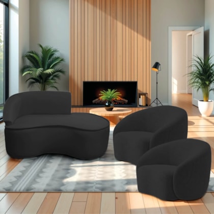 Kit Divã Recamier Orgânico Marrocos 150cm Lado Direito e 2 Poltronas Amore Bouclé Preto