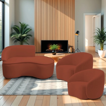 Kit Divã Recamier Orgânico Marrocos 150cm Lado Direito e 2 Poltronas Amore Bouclé Terracota