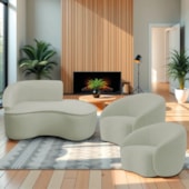 Kit Divã Recamier Orgânico Marrocos 150cm Lado Direito e 2 Poltronas Amore Bouclé Verde Oliva