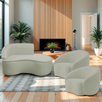 Kit Divã Recamier Orgânico Marrocos 150cm Lado Direito e 2 Poltronas Amore Bouclé Verde Oliva