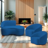 Kit Divã Recamier Orgânico Marrocos 150cm Lado Direito e 2 Poltronas Amore Linho Azul Royal