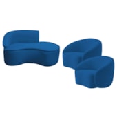 Kit Divã Recamier Orgânico Marrocos 150cm Lado Direito e 2 Poltronas Amore Linho Azul Royal